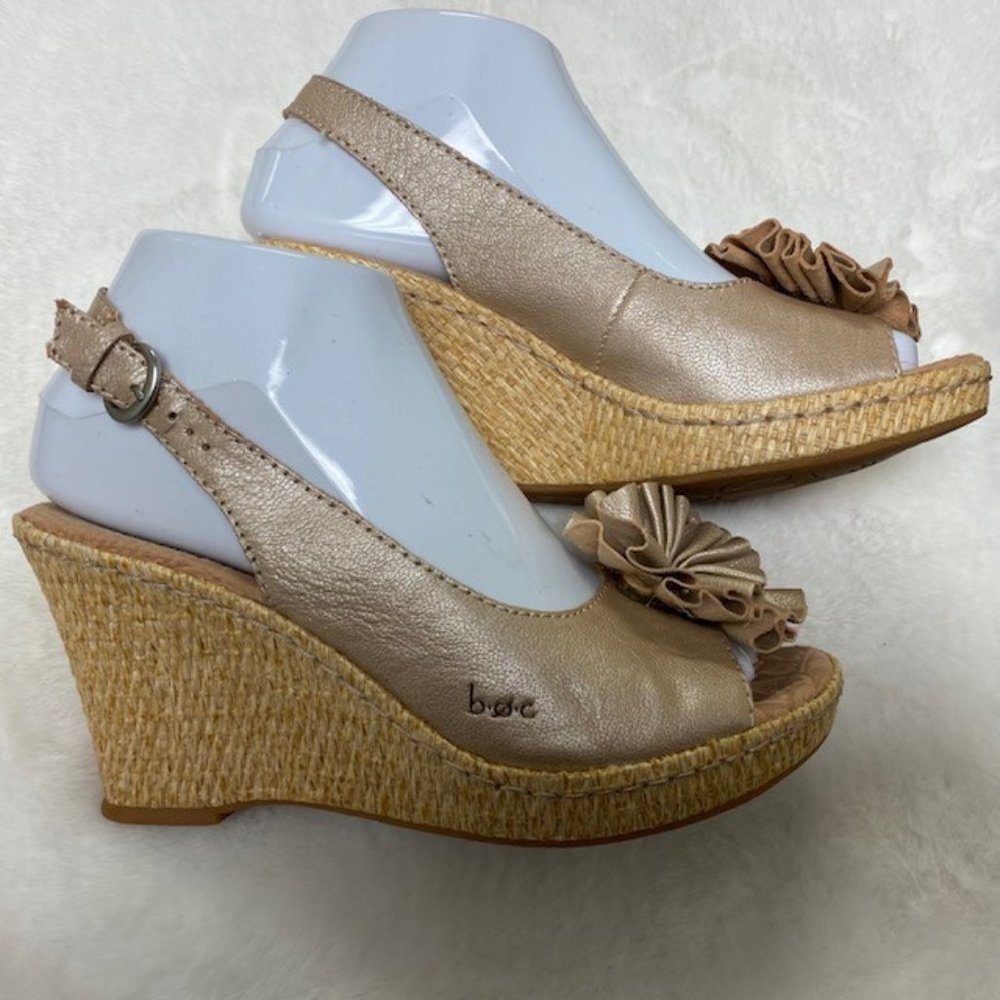 b.o.c. Metallic Beige Peep-Toe Wedge Sandals with Raffia Platform